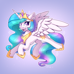 Size: 2480x2480 | Tagged: safe, artist:dandy, imported from derpibooru, princess celestia, alicorn, pony, :3, chest fluff, concave belly, crown, cute, cutelestia, ear fluff, eye clipping through hair, eyebrows, eyebrows visible through hair, female, flying, high res, hoof shoes, horn, jewelry, looking at you, mare, open mouth, open smile, peytral, regalia, signature, simple background, smiling, smiling at you, solo, spread wings, wings