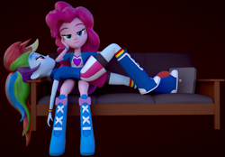 Size: 1551x1080 | Tagged: safe, artist:thebronymarines, imported from derpibooru, pinkie pie, rainbow dash, human, equestria girls, 3d, boots, bored, clothes, couch, hand on cheek, lying down, on back, rainbow socks, raised leg, shoes, socks, striped socks