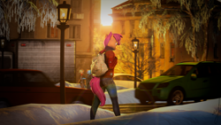 Size: 3840x2160 | Tagged: safe, artist:retro0range, imported from derpibooru, applejack, rainbow dash, scootaloo, anthro, earth pony, pegasus, 3d, backpack, building, car, city, clothes, snow, solo, source filmmaker, vehicle, winter, winter outfit
