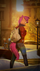 Size: 2160x3840 | Tagged: safe, alternate version, artist:retro0range, imported from derpibooru, applejack, rainbow dash, scootaloo, anthro, earth pony, pegasus, 3d, backpack, building, car, city, clothes, snow, solo, source filmmaker, vehicle, winter, winter outfit