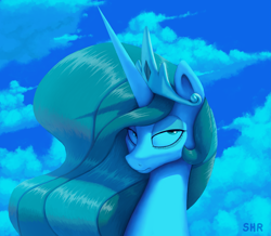 Size: 3513x3066 | Tagged: safe, artist:suhar, imported from derpibooru, princess celestia, alicorn, pony, bust, cloud, crown, female, frown, high res, horn, jewelry, lidded eyes, mare, multicolored mane, portrait, regalia, signature, sky, solo