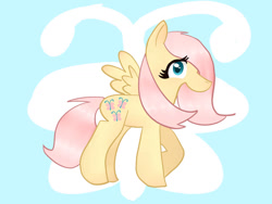 Size: 1032x774 | Tagged: safe, artist:stardust0088, imported from derpibooru, fluttershy, butterfly, pegasus, pony, abstract background, colored pupils, female, mare, missing wing, no mouth, shiny mane, solo, wrong cutie mark