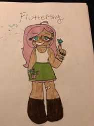 Size: 1280x1707 | Tagged: safe, artist:stardust0088, imported from derpibooru, fluttershy, butterfly, human, equestria girls, bandaid, boots, bracelet, eye clipping through hair, female, freckles, freckleshy, hairclip, jewelry, marker, moderate dark skin, no pupils, painted nails, shoes, solo, traditional art
