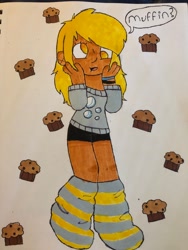 Size: 3024x4032 | Tagged: safe, artist:stardust0088, imported from derpibooru, derpy hooves, human, bracelet, clothes, cutie mark on clothes, female, humanized, jewelry, marker, moderate dark skin, muffin, no pupils, socks, solo, speech bubble, striped socks, sweater, that pony sure does love muffins, traditional art
