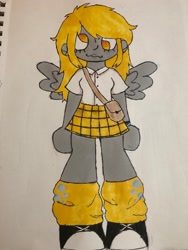 Size: 3024x4032 | Tagged: safe, artist:stardust0088, imported from derpibooru, derpy hooves, human, equestria girls, clothes, cutie mark on clothes, female, humanized, marker drawing, no pupils, plaid skirt, purse, skirt, solo, tennis shoe, traditional art, winged humanization, wings