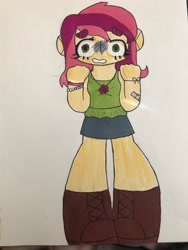 Size: 3024x4032 | Tagged: safe, artist:stardust0088, imported from derpibooru, roseluck, human, equestria girls, bandaid, boots, bracelet, clothes, denim, denim skirt, female, jewelry, marker, necklace, nervous, shoes, skirt, solo, traditional art