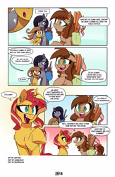 Size: 3500x5369 | Tagged: safe, artist:light262, imported from derpibooru, sunset shimmer, oc, oc:cynthia, oc:jade, oc:lene nezumi, earth pony, pony, unicorn, comic:together forever, comic, dialogue, speech bubble