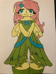 Size: 3024x4032 | Tagged: safe, artist:stardust0088, imported from derpibooru, fluttershy, human, equestria girls, clothes, colored pupils, dress, eye clipping through hair, female, gala dress, marker, solo, traditional art, wings