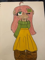 Size: 3024x4032 | Tagged: safe, artist:stardust0088, imported from derpibooru, fluttershy, human, clothes, colored pupils, cowlick, dress, ear piercing, earring, eye clipping through hair, female, hair covering face, hairclip, humanized, jewelry, marker, moderate dark skin, one eye closed, piercing, solo, sweater, sweatershy, traditional art, wink