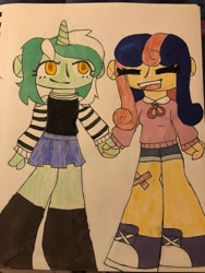 Size: 3024x4032 | Tagged: safe, artist:stardust0088, imported from derpibooru, bon bon, lyra heartstrings, sweetie drops, human, equestria girls, bandaid, clothes, colored pupils, eye clipping through hair, eyes closed, female, holding hands, horn, horned humanization, humanized, lesbian, lyrabon, shipping, shorts, sweater, tennis shoe, traditional art