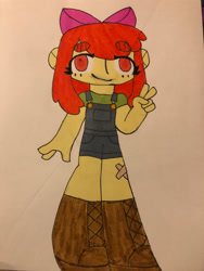 Size: 3024x4032 | Tagged: safe, artist:stardust0088, imported from derpibooru, apple bloom, human, equestria girls, apple bloom's bow, bandaid, bow, clothes, female, hair bow, marker, no pupils, overalls, peace sign, solo, traditional art