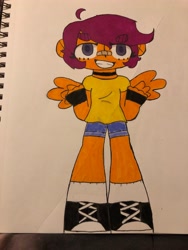 Size: 3024x4032 | Tagged: safe, artist:stardust0088, imported from derpibooru, scootaloo, human, equestria girls, bandaid, bandaid on nose, choker, clothes, colored pupils, cowlick, female, shirt, shorts, socks, solo, t-shirt, tennis shoe, traditional art, winged, winged human