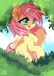 Size: 1526x2160 | Tagged: safe, artist:chaosangeldesu, artist:cottonaime, imported from derpibooru, fluttershy, pegasus, pony, bipedal, collaboration, cute, female, folded wings, mare, open mouth, shyabetes, solo, wings