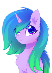 Size: 1800x2500 | Tagged: safe, artist:fluffywhirlpool, imported from derpibooru, oc, oc only, oc:fiona mahri, pony, unicorn, bust, chest fluff, commission, cute, ear fluff, eye clipping through hair, female, gradient mane, gradient tail, horn, looking at you, mare, png, purple eyes, simple background, smiling, smiling at you, solo, standing, tail, unicorn oc, white background