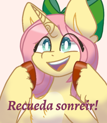 Size: 520x600 | Tagged: safe, artist:flower-black, imported from derpibooru, fluttershy, pony, unicorn, comic:friendship reimagined, bow, hair bow, open mouth, open smile, smiling, solo, spanish, translation request, white pupils