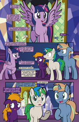 Size: 1920x2948 | Tagged: safe, artist:alexdti, imported from derpibooru, twilight sparkle, oc, oc:brainstorm (alexdti), oc:purple creativity, oc:star logic, alicorn, pegasus, pony, unicorn, comic:quest for friendship, comic, dialogue, ears back, female, folded wings, high res, hooves, horn, indoors, looking at each other, looking at someone, male, mare, open mouth, open smile, pegasus oc, pinpoint eyes, raised hoof, smiling, speech bubble, spread wings, stallion, standing, twilight sparkle (alicorn), twilight's castle, two toned mane, underhoof, unicorn oc, wings