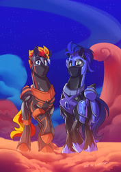 Size: 2120x3000 | Tagged: safe, alternate version, artist:light262, imported from derpibooru, oc, oc only, oc:fireheart(fire), oc:guard cobalt flash, pegasus, pony, duo, duo male, fireheart76's latex suit design, hood, latex, latex suit, looking at you, male, prisoners of the moon, stallion