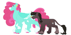 Size: 4000x2000 | Tagged: safe, artist:itstechtock, imported from derpibooru, oc, oc only, oc:graveyard shift, oc:partly cloudy, pony, unicorn, duo, female, magical lesbian spawn, mare, offspring, parent:merry may, parent:sunshower raindrops, simple background, white background