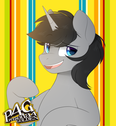 Size: 1228x1335 | Tagged: safe, artist:higgly-chan, imported from derpibooru, oc, oc only, pony, unicorn, looking at you, male, open mouth, persona, persona 4, solo, stallion