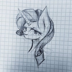 Size: 1080x1074 | Tagged: safe, artist:anastas, imported from derpibooru, rarity, pony, unicorn, bust, cute, female, graph paper, head only, horn, mare, monochrome, paper, photo, portrait, raribetes, simple background, sketch, solo, traditional art