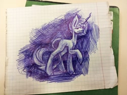 Size: 1280x960 | Tagged: safe, artist:anastas, imported from derpibooru, oc, oc only, pony, curved horn, female, graph paper, grin, horn, lidded eyes, magic, mare, monochrome, paper, photo, simple background, smiling, solo, tail, teeth, traditional art