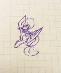 Size: 902x1080 | Tagged: safe, artist:anastas, imported from derpibooru, oc, oc only, oc:amethyst dawn, pegasus, pony, blushing, cute, female, graph paper, mare, monochrome, no mouth, paper, photo, simple background, sitting, smol, solo, spread wings, traditional art, wings