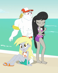 Size: 570x720 | Tagged: safe, artist:gmaplay, artist:marcorulezzz, edit, edited screencap, imported from derpibooru, screencap, vector edit, bulk biceps, derpy hooves, octavia melody, human, equestria girls, equestria girls series, i'm on a yacht, rainbow falls, spring breakdown, turf war, spoiler:eqg series (season 2), adorasexy, barefoot, bikini, bulk biceps gets all the mares, bulktavia, clothes, cropped, cute, derpabetes, derpy's beach shorts swimsuit, derpybulk, derpybulktavia, ear piercing, earring, eyes closed, feet, female, jewelry, looking at you, male, male nipples, midriff, nipples, octavia's beach shorts swimsuit, open mouth, piercing, polyamory, sandals, sexy, shipping, simple background, sitting, sleeveless, smiling, straight, swimsuit, trio, vector, water wings