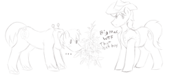 Size: 1430x637 | Tagged: safe, artist:czu, imported from derpibooru, big macintosh, braeburn, earth pony, pony, ..., clothes, cowboy hat, dialogue, drugs, duo, hat, horse collar, male, marijuana, monochrome, plant, simple background, sketch, stallion, unshorn fetlocks, vest, white background