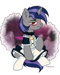 Size: 1920x2396 | Tagged: safe, artist:pritonhells, imported from derpibooru, oc, oc only, oc:dreaming star, bat pony, bat pony unicorn, hybrid, pony, unicorn, base used, bat pony oc, blushing, clothes, collar, commission, crossdressing, cute, dress, fangs, femboy, horn, looking at you, maid, male, ocbetes, outfit, red eyes, show accurate, shy, simple background, socks, solo, stallion, unicorn oc, white background, ych result
