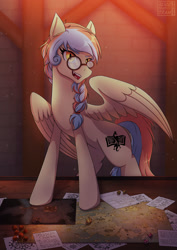 Size: 1600x2263 | Tagged: safe, artist:alicetriestodraw, imported from derpibooru, oc, oc only, oc:dracey, pegasus, pony, bipedal, bipedal leaning, board game, braid, dice, dungeons and dragons, glasses, leaning, looking at you, map, open mouth, paper, pegasus oc, pen and paper rpg, rpg, single fang, solo, table, tabletop game