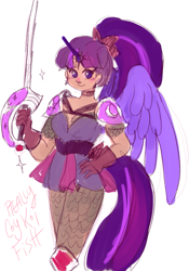 Size: 941x1341 | Tagged: safe, artist:reallycoykoifish, imported from derpibooru, twilight sparkle, human, alicorn humanization, alternate hairstyle, armor, belt, blushing, choker, clothes, cute, female, gloves, horned humanization, humanized, knight, shirt, simple background, skirt, solo, sword, tail, tailed humanization, twiabetes, weapon, white background, winged humanization