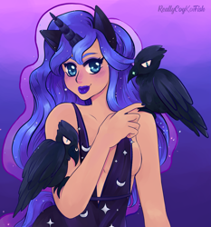 Size: 2935x3146 | Tagged: safe, artist:reallycoykoifish, imported from derpibooru, princess luna, bird, human, raven (bird), clothes, dress, eared humanization, eyeshadow, female, gradient background, horn, horned humanization, humanized, lipstick, makeup, moderate dark skin, solo, tail, tailed humanization, tan skin