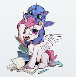 Size: 2320x2368 | Tagged: safe, artist:湮浊湮于浊, imported from derpibooru, princess celestia, princess luna, alicorn, pony, baby, baby pony, book, cewestia, cute, drool, duo, female, filly, foal, nom, pencil, simple background, weapons-grade cute, white background, woona, younger