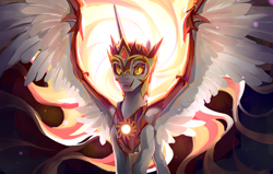 Size: 1680x1067 | Tagged: safe, alternate version, artist:湮浊湮于浊, imported from derpibooru, daybreaker, alicorn, pony, alicorn wings, armor, armored pony, chestplate, clothes, cutie mark on clothes, daybreaker armor, daybreaker's cutie mark, fangs, female, helmet, horn, mane of fire, mare, solo, spread wings, tail, tail of fire, wings