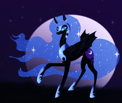 Size: 1327x1122 | Tagged: safe, artist:opal2023, imported from derpibooru, nightmare moon, alicorn, pony, evil, female, folded wings, helmet, hoof shoes, horn, mare, night, peytral, raised hoof, solo, thin, wings