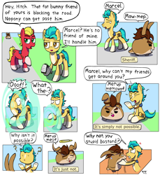 Size: 2110x2299 | Tagged: safe, artist:ebbysharp, imported from derpibooru, hitch trailblazer, sprout cloverleaf, earth pony, pony, rabbit, animal, comic, floppy ears, g5, halo, hitch trailblazer is not amused, male, marcel, notebook, sash, stallion, unamused