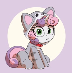 Size: 2132x2166 | Tagged: safe, artist:pabbley, imported from derpibooru, sweetie belle, pony, unicorn, animal costume, cat costume, clothes, collar, costume, cute, cute little fangs, daaaaaaaaaaaw, diasweetes, eye clipping through hair, fangs, female, filly, foal, kigurumi, kitty belle, looking at you, sitting, solo