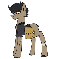 Size: 900x900 | Tagged: safe, artist:fuckomcfuck, imported from derpibooru, oc, oc only, oc:pog champ, earth pony, pony, alternate universe, bag, bags under eyes, bandage, bruised, clothes, no tail, scar, simple background, solo, the trotting dead, torn clothes, transparent background