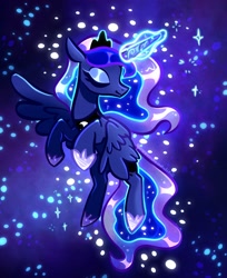 Size: 1672x2048 | Tagged: safe, artist:qwennondeathdie, imported from derpibooru, princess luna, alicorn, pony, eyes closed, female, glowing, glowing horn, horn, mare, solo