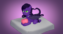 Size: 8100x4416 | Tagged: safe, artist:supershadow_th, imported from derpibooru, oc, oc only, oc:lazytentacle, bat pony, pony, blushing, gradient background, green eyes, heart, heart pillow, love, pillow, solo, tentacles