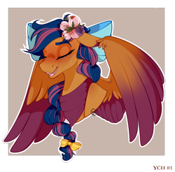 Size: 2016x1980 | Tagged: safe, artist:symphstudio, imported from derpibooru, oc, oc only, oc:solar comet, pegasus, pony, bow, braid, bust, colored wings, flower, flower in hair, freckles, gradient wings, hair bow, portrait, solo, two toned wings, wings