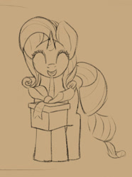 Size: 951x1280 | Tagged: safe, artist:ricktin, imported from derpibooru, rarity, pony, eyes closed, grin, mouth hold, present, sketch, smiling, solo