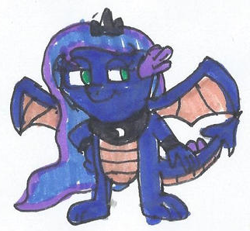 Size: 322x298 | Tagged: safe, artist:spaton37, imported from derpibooru, princess luna, dragon, cropped, dragoness, dragonified, female, luna's crown, lunadragon, simple background, solo, species swap, traditional art, white background, wings