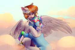Size: 3096x2056 | Tagged: safe, artist:kiskka, imported from derpibooru, oc, oc only, oc:azure star (fauli1221), oc:funny jo, alicorn, pony, unicorn, alicorn oc, closed mouth, cloud, commission, duo, eyes closed, eyes open, female oc, heterochromia, horn, hug, male oc, multicolored mane, sitting, spread wings, stripes, unicorn oc, wings, your character here