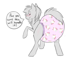 Size: 2500x2000 | Tagged: safe, artist:galaxylatte, imported from derpibooru, pony, unicorn, adult, blushing, dialogue, dialogue box, diaper, diaper fetish, diapered, embarrassed, embarrassed underwear exposure, fetish, hooves, looking back, non-baby in diaper, pattern, pink, pink diaper, poofy diaper, raised hoof, simple background, solo, spread legs, spreading, surprised, tail, underwear, white background