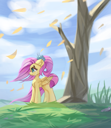 Size: 3541x4096 | Tagged: safe, artist:jfrxd, imported from derpibooru, fluttershy, pegasus, pony, alternate hairstyle, crying, female, folded wings, leaves, mare, ponytail, solo, tree, wings