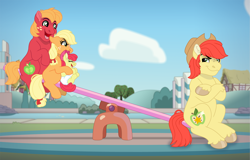 Size: 3829x2448 | Tagged: safe, artist:faitheverlasting, imported from derpibooru, apple bloom, applejack, big macintosh, bright mac, earth pony, pony, apple siblings, apple sisters, applejack is not amused, baby, baby apple bloom, bluey, brother and sister, colt big macintosh, cowboy hat, crossed arms, cute, diaper, ear fluff, eyes closed, father and child, father and daughter, father and son, female, filly, filly applejack, floppy ears, group, hat, high res, looking at each other, looking at someone, looking back, male, open mouth, open smile, quartet, scrunchy face, seesaw, siblings, sisters, sitting, smiling, smirk, teasing, unamused, unshorn fetlocks, younger