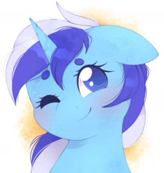 Size: 1913x2021 | Tagged: safe, artist:adostume, imported from derpibooru, minuette, pony, unicorn, blushing, bust, cute, ears back, female, floppy ears, looking at you, mare, minubetes, one eye closed, portrait, smiling, smiling at you, solo, wink, winking at you