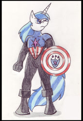 Size: 470x686 | Tagged: safe, artist:rdk, imported from twibooru, shining armor, anthro, unicorn, avengers, captain america, crossover, image, male, needs more jpeg, shield, solo