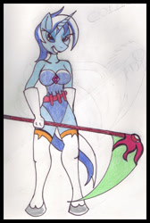 Size: 420x625 | Tagged: safe, artist:rdk, imported from twibooru, minuette, anthro, unicorn, castlevania, crossover, female, image, needs more jpeg, scythe, solo